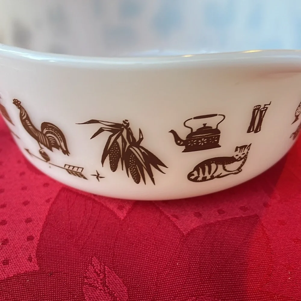 Vintage Pyrex White Mixing Bowl with Brown Farmhouse Design